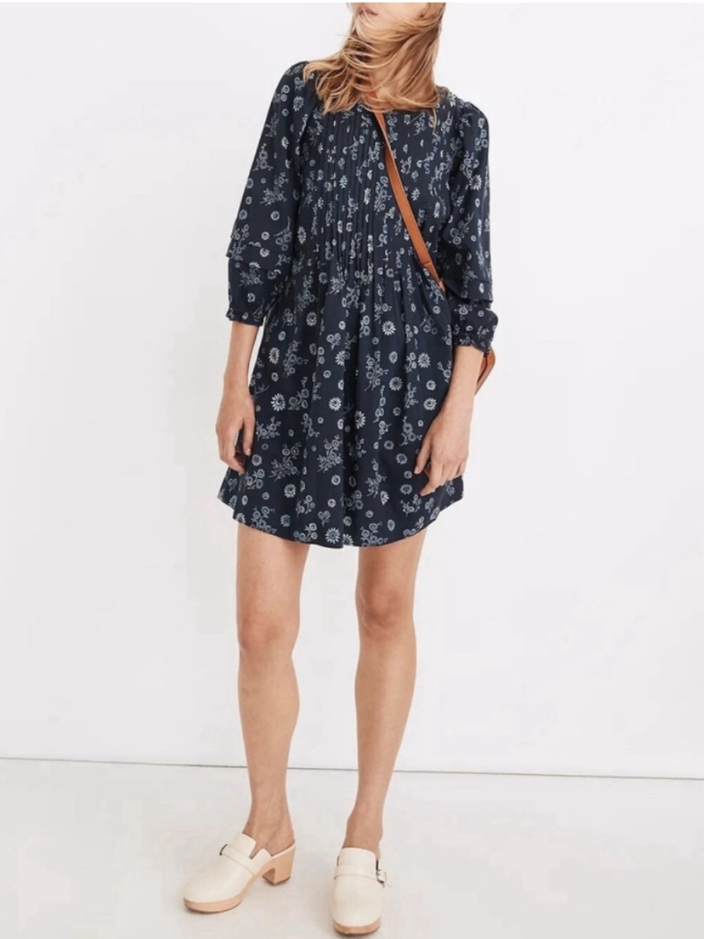 NWT Madewell Women's Pintuck Puff Sleeve Mini Dress Deep Navy Cottage Floral - M
